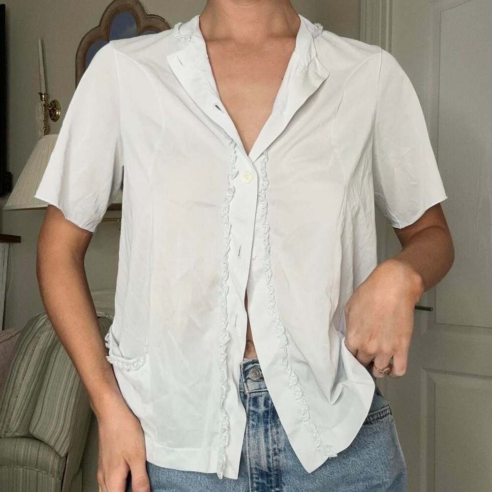 Vintage Baby Blue Ruffle Trim Button Up Slip Blouse